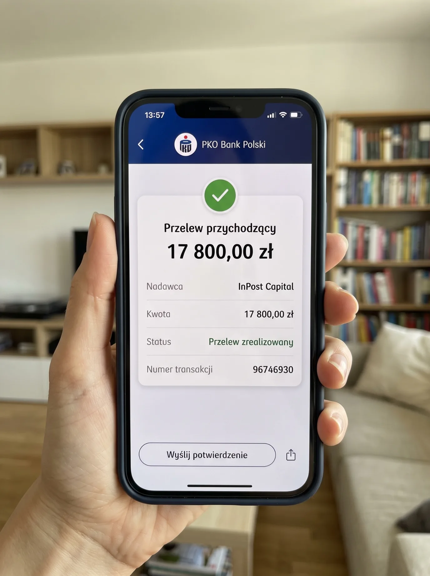 Przelew przychodzący 17 800 zł w aplikacji PKO Bank Polski